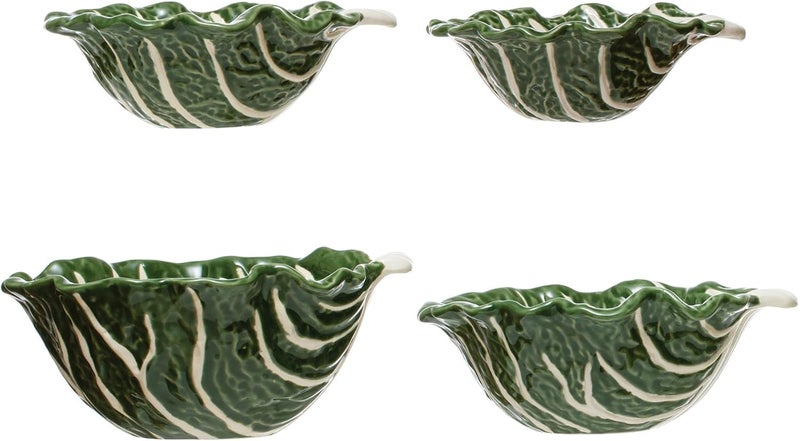 Creative CoOp HandPainted Cabbage Shaped Stoneware Set of 4 Bowl Green 4 - Image 2
