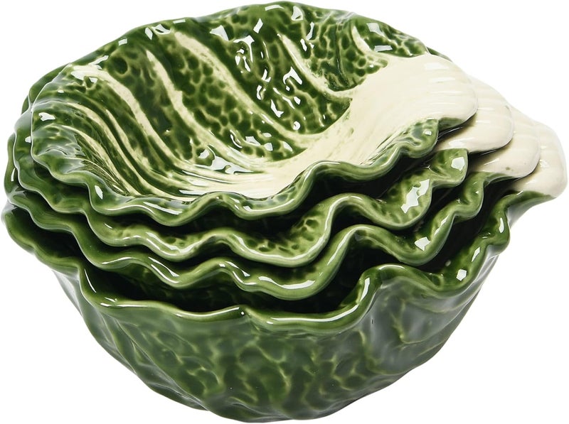 Creative CoOp HandPainted Cabbage Shaped Stoneware Set of 4 Bowl Green 4 - Image 5