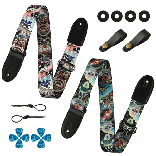 Cobahom 2 Pack Guitar Strap with Leather Ends, Adjustable Guitar Straps for Electric Acoustic Guitar, Soft Guitar Straps with 8 PCS Guitar Picks (Multicolor) - Image 1