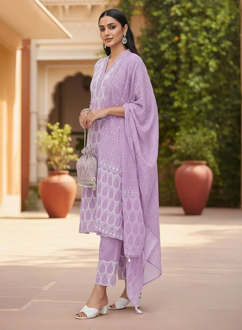 ISHIN Ishin Women Purple Cotton 3Pcs Kurta Set