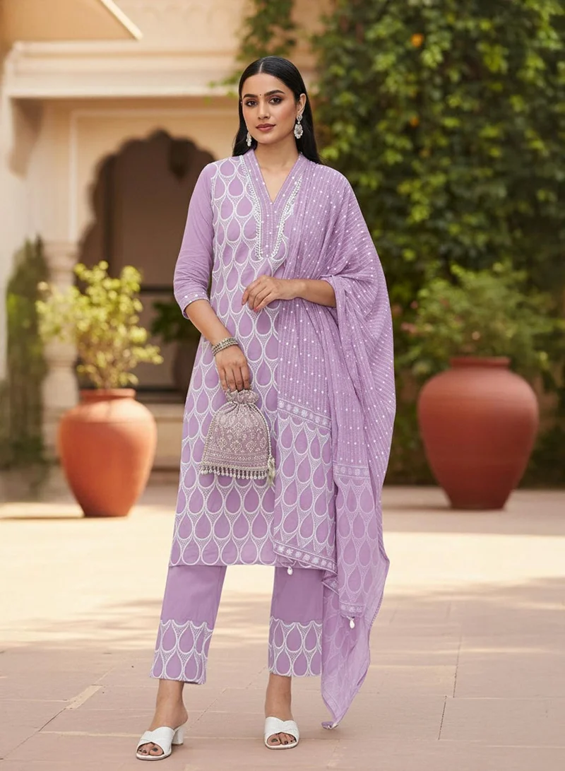 ISHIN Ishin Women Purple Cotton 3Pcs Kurta Set