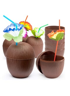 18 Pieces Coconut Cups with 18 Pieces of Plastic Colorful Hibiscus Straws for Hawaiian Luau Kids Party Summer Beach Party Tiki and Beach Theme Party Fun Drink or Decoration Cups