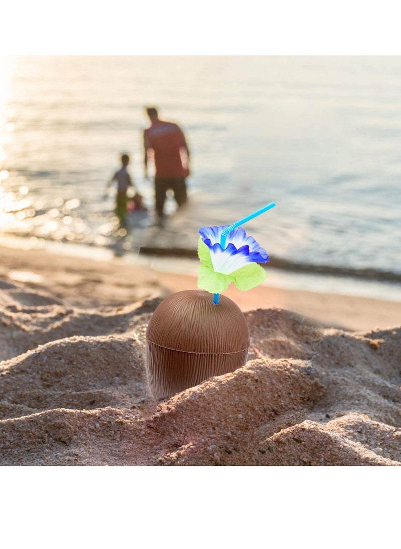 SYOSI - 18 Pieces Coconut Cups with 18 Pieces of Plastic Colorful Hibiscus Straws for Hawaiian Luau Kids Party Summer Beach Party Tiki and Beach Theme Party Fun Drink or Decoration Cups - Image 1