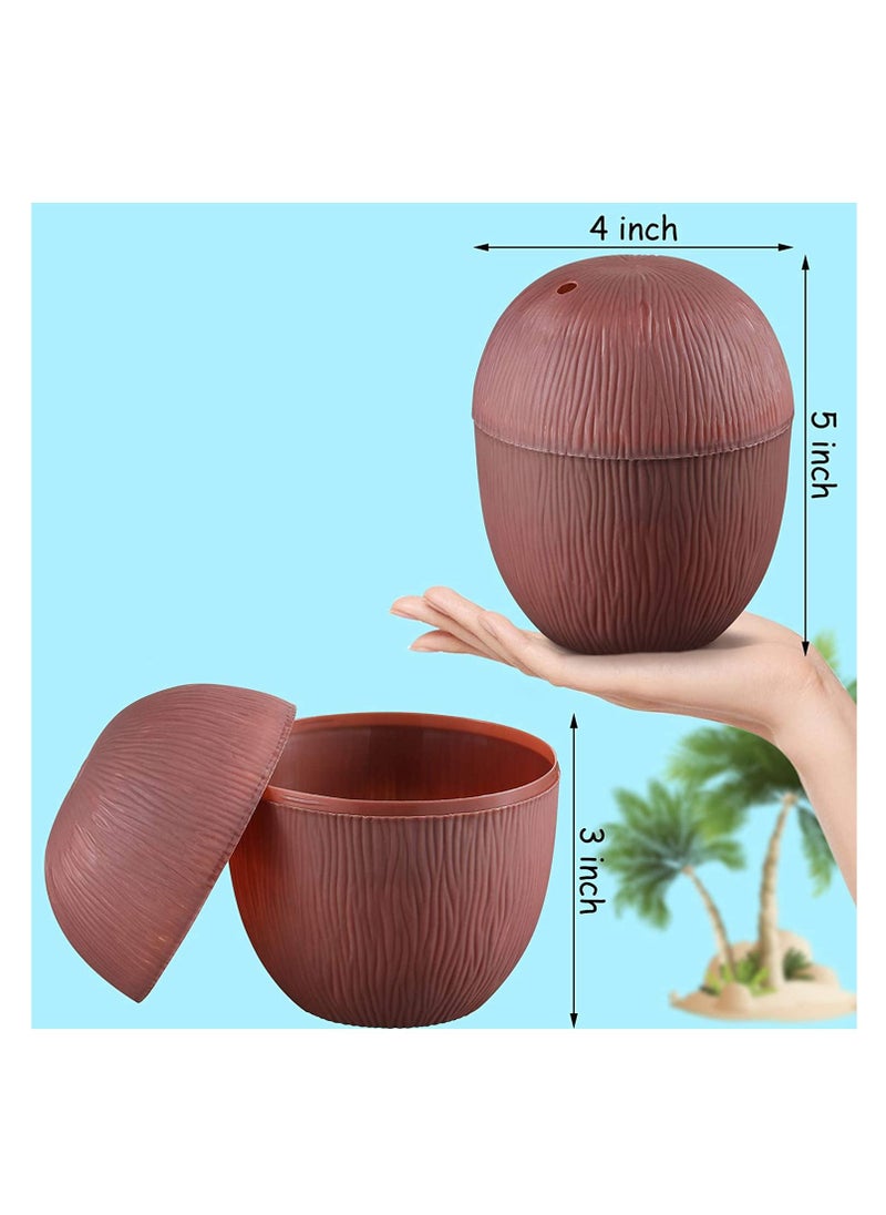 SYOSI - 18 Pieces Coconut Cups with 18 Pieces of Plastic Colorful Hibiscus Straws for Hawaiian Luau Kids Party Summer Beach Party Tiki and Beach Theme Party Fun Drink or Decoration Cups - Image 1