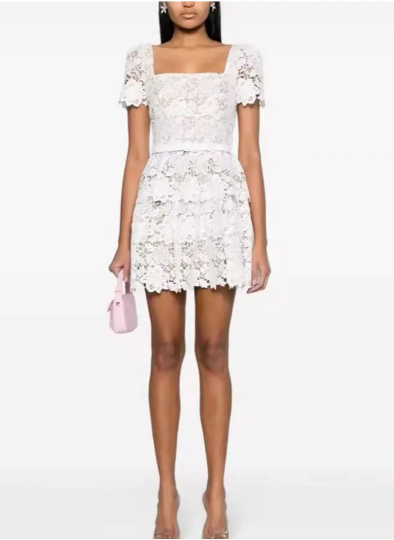 Madam Uniq White Square Neck Floral Lace Dress for petite ladies