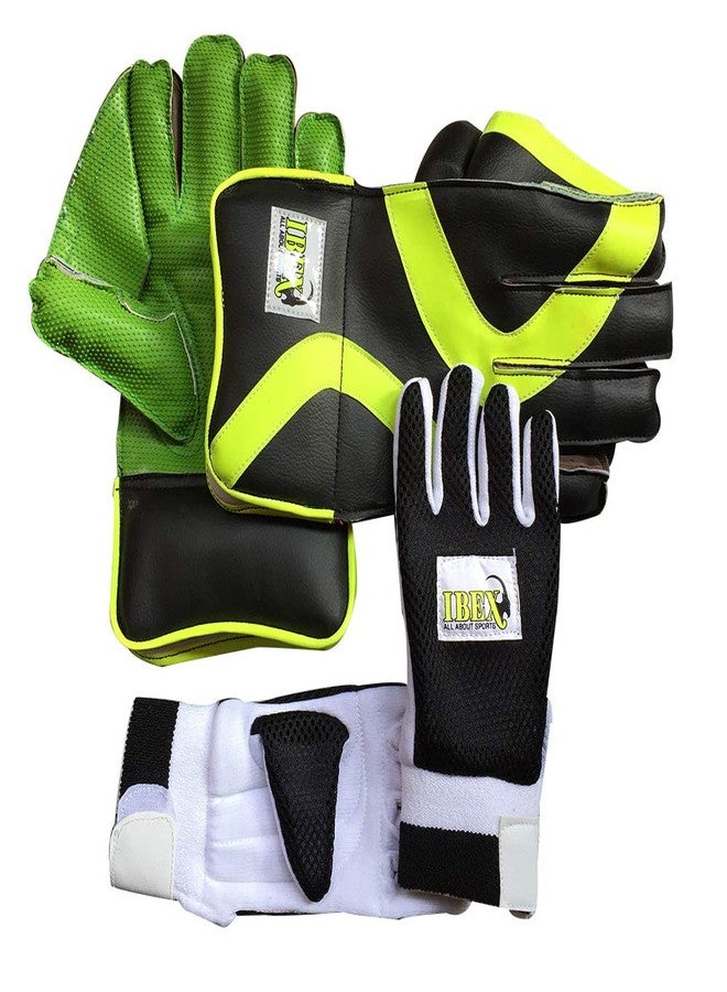JetFire Leather, Rubber, Polyvinyl Chloride Ibex Practice Wicket Keeping Gloves Combo with Black Inner Gloves Wicket Keeping Gloves (Men, Green, Black), Cricket - Image 1