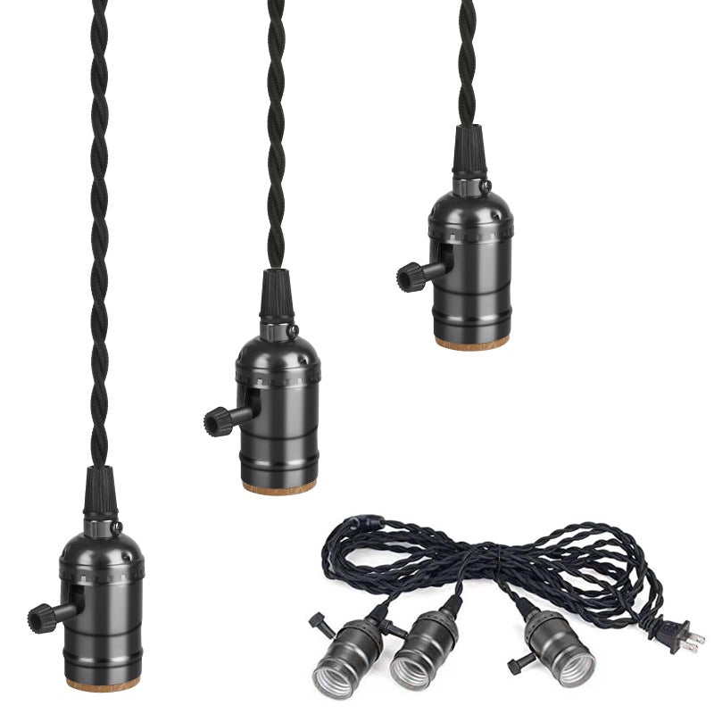 Vintage Plugin Pendant Light Kit with 1to3 Hanging E26E27 Sockets Industrial Hanging Light with Individual Rotary Switches Easy DIY Lighting for Living Room Patio and Plant Corners Black