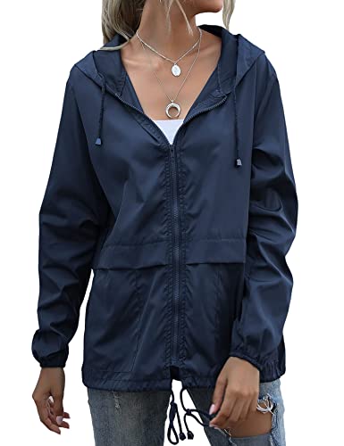 JMinger Women's Running Rain Jackets Waterproof Windbreaker Windproof Lightweight Cycling Jackets Reflective Packable Hooded Navy Blue XL - Image 2