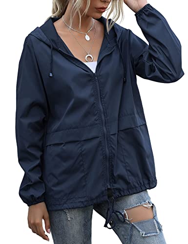 JMinger Women's Running Rain Jackets Waterproof Windbreaker Windproof Lightweight Cycling Jackets Reflective Packable Hooded Navy Blue XL - Image 1