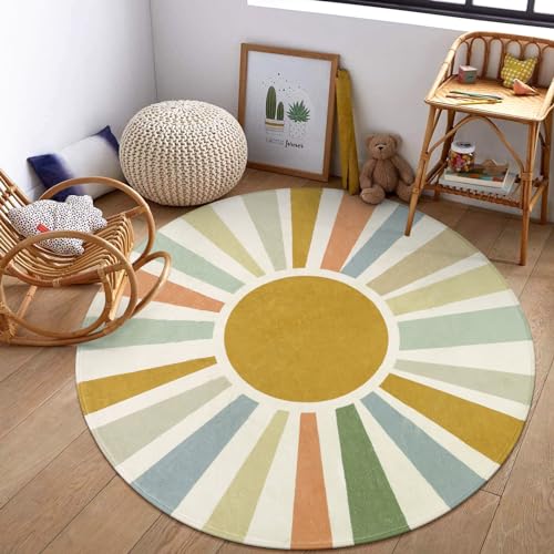 STARUIA Boho Sun Round Area Rug for Living Room, 6 Ft Washable Nursery Rug for Playroom, Colorful Circle Rugs for Kids Bedroom, Non-Slip Circluar Carpet Soft Large Kid Rug for Classroom Dorm - Image 1