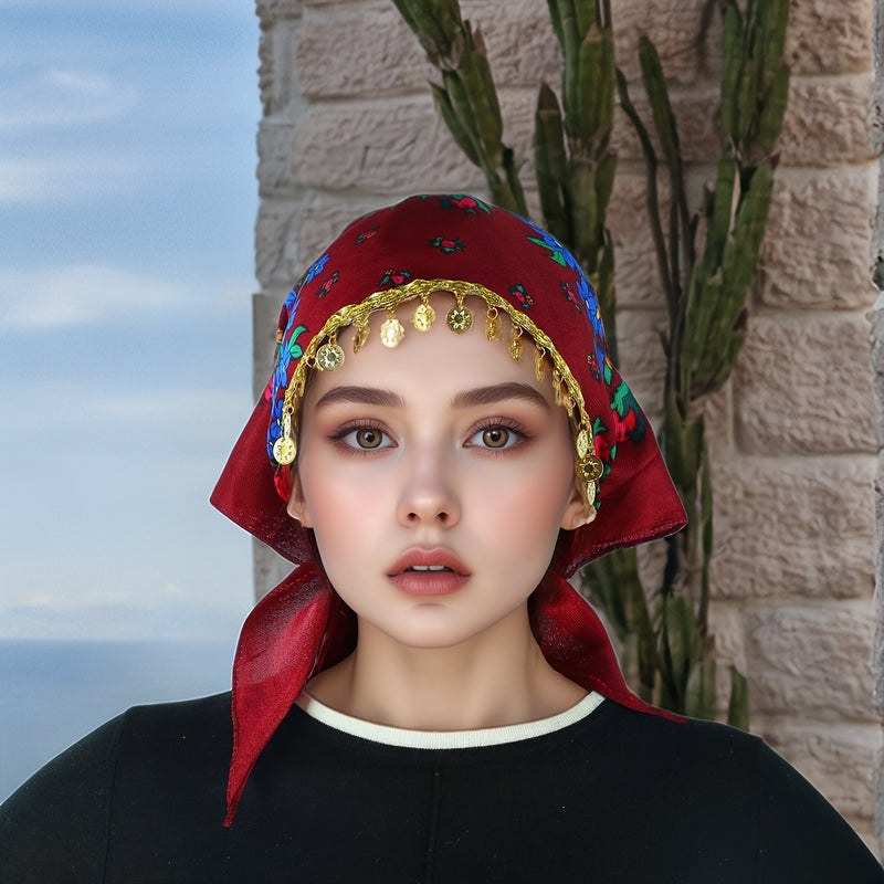 حجاب بتصميم زهور الفاوانيا الأنيق مع إكسسوارات لامعة ذهبية فاخرة - قابل للتنفس، واقٍ من الغبار، خفيف الوزن لفصل الصيف للنساء - Image 1