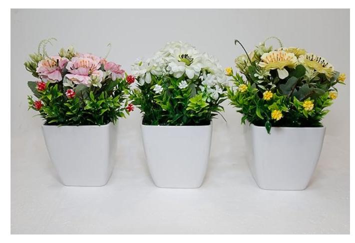 Artificial Flowers Consisting Of Three Pieces Of Decorative Decorative Plants In A White, Colorful Pot Suitable For All Places. Number Of Pieces: 3 Small Artificial Plants In A Vase For The Living Room, Green And Decorative Color, Total Height 10 Cm, Different Shapes. - Image 1
