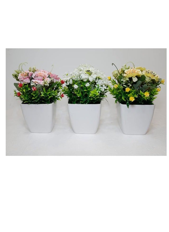 Generic - Artificial Flowers Consisting Of Three Pieces Of Decorative Decorative Plants In A White, Colorful Pot Suitable For All Places. Number Of Pieces: 3 Small Artificial Plants In A Vase For The Living Room, Green And Decorative Color, Total Height 10 Cm, Different Shapes. - Image 1