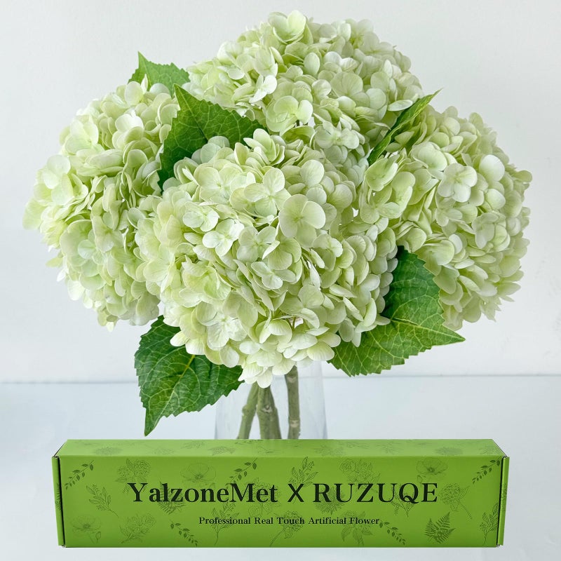 YalzoneMet 4Pcs Light Green Hydrangeas Artificial Flower Natural Lifelike 21 Long Stem Real Touch Hydrangea Latex Flower Bouquets for Home Living Room Party Wedding Table Centerpiece Decor