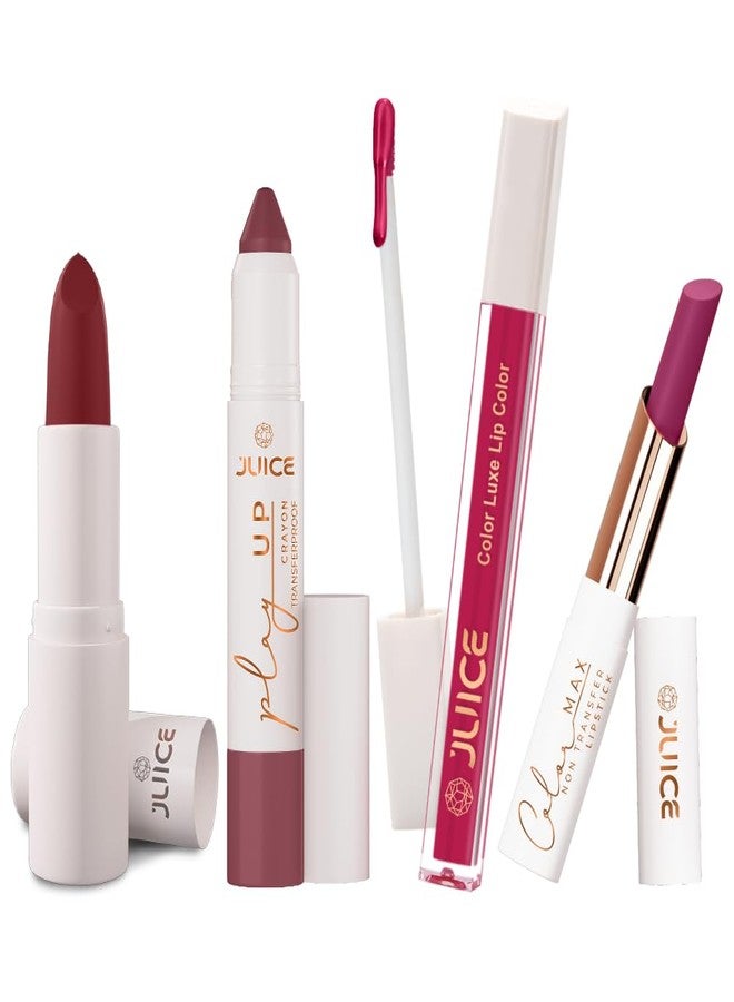 Juice Long Lasting, 4pc Lipstick Combo Set For Women(Marooned-M05 Bullet Lipstick, Stay-On Spice-MCR05 Play up Lip Crayon, Juicy Plum-M05 Liquid Lipstick, Peony Party-M05 Slim Stick) - Image 1