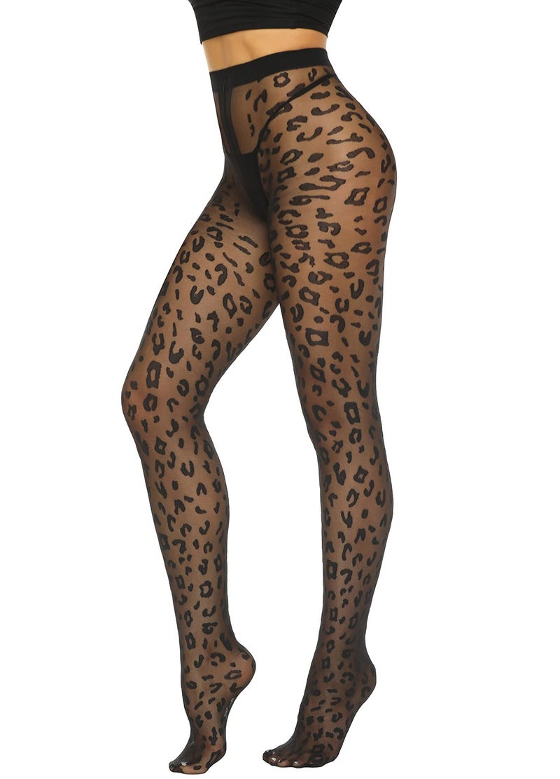 MANZI Patterned Tights Sheer Pantyhose for Women 20 Denier Stockings Black One Size with Leopard - Image 1