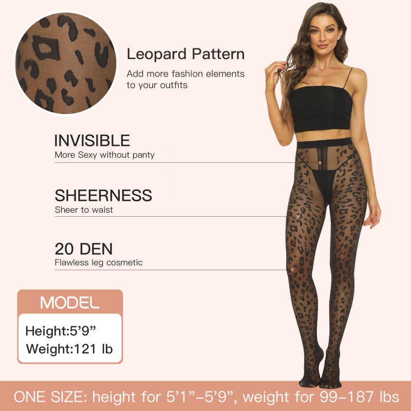 MANZI Patterned Tights Sheer Pantyhose for Women 20 Denier Stockings Black One Size with Leopard - Image 3