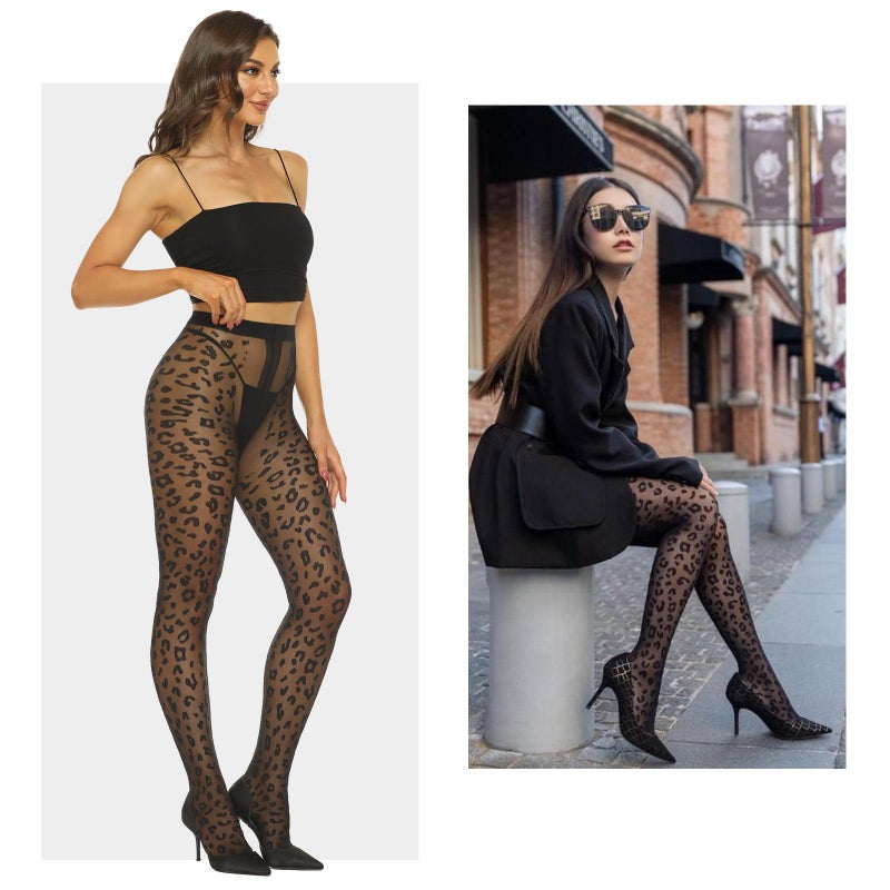 MANZI Patterned Tights Sheer Pantyhose for Women 20 Denier Stockings Black One Size with Leopard - Image 2