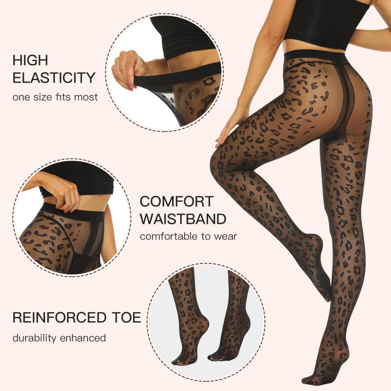 MANZI Patterned Tights Sheer Pantyhose for Women 20 Denier Stockings Black One Size with Leopard - Image 4