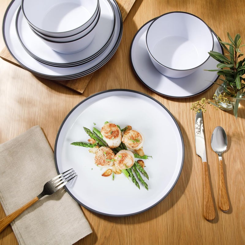 Gibson Home Folsom Shores 12 Piece Unbreakable Modern Melamine Plates and Bowls Dinnerware Set  Outdoor Camping  Everyday Use  White WBlack Rim - Image 3