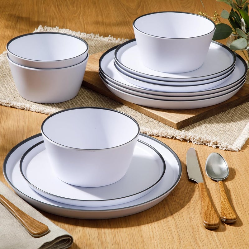 Gibson Home Folsom Shores 12 Piece Unbreakable Modern Melamine Plates and Bowls Dinnerware Set  Outdoor Camping  Everyday Use  White WBlack Rim - Image 2