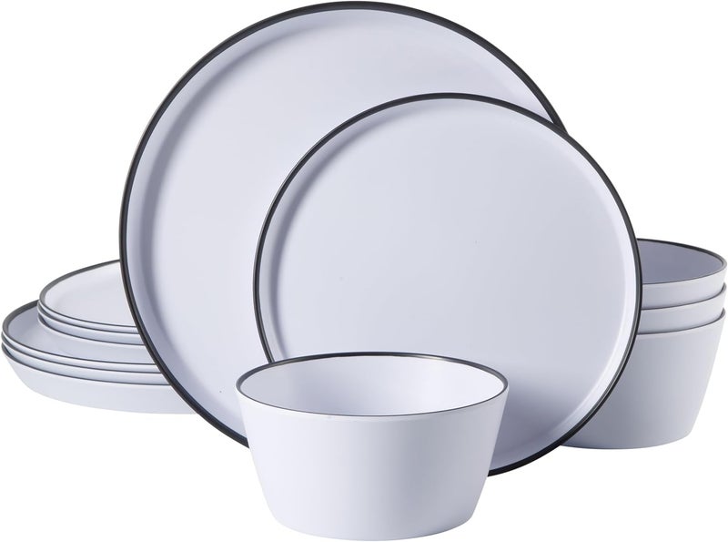 Gibson Home Folsom Shores 12 Piece Unbreakable Modern Melamine Plates and Bowls Dinnerware Set  Outdoor Camping  Everyday Use  White WBlack Rim - Image 1