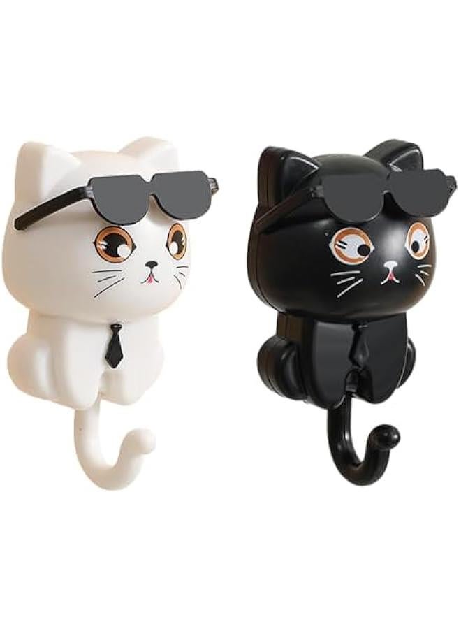 Cute Cat Key Hook, 2 Cartoon Cat in Sunglasses Creative Gra-vity Hook, Adhesive Coat Hooks Key Holder for Wall Decorative, Pet Wall Hooks for Hanging Key, Bag, Hat, Towel - Image 1