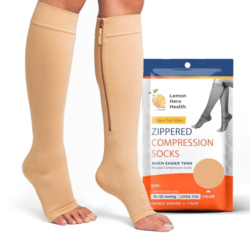Lemon Hero Zipper Compression Socks for Women and Men, Open Toe 15-20 mmHg Compression Stockings wtih Zip Guard, Supports Circulation and Leg Comfort, Designed for Swelling Relief - 2XL, Beige - Image 1