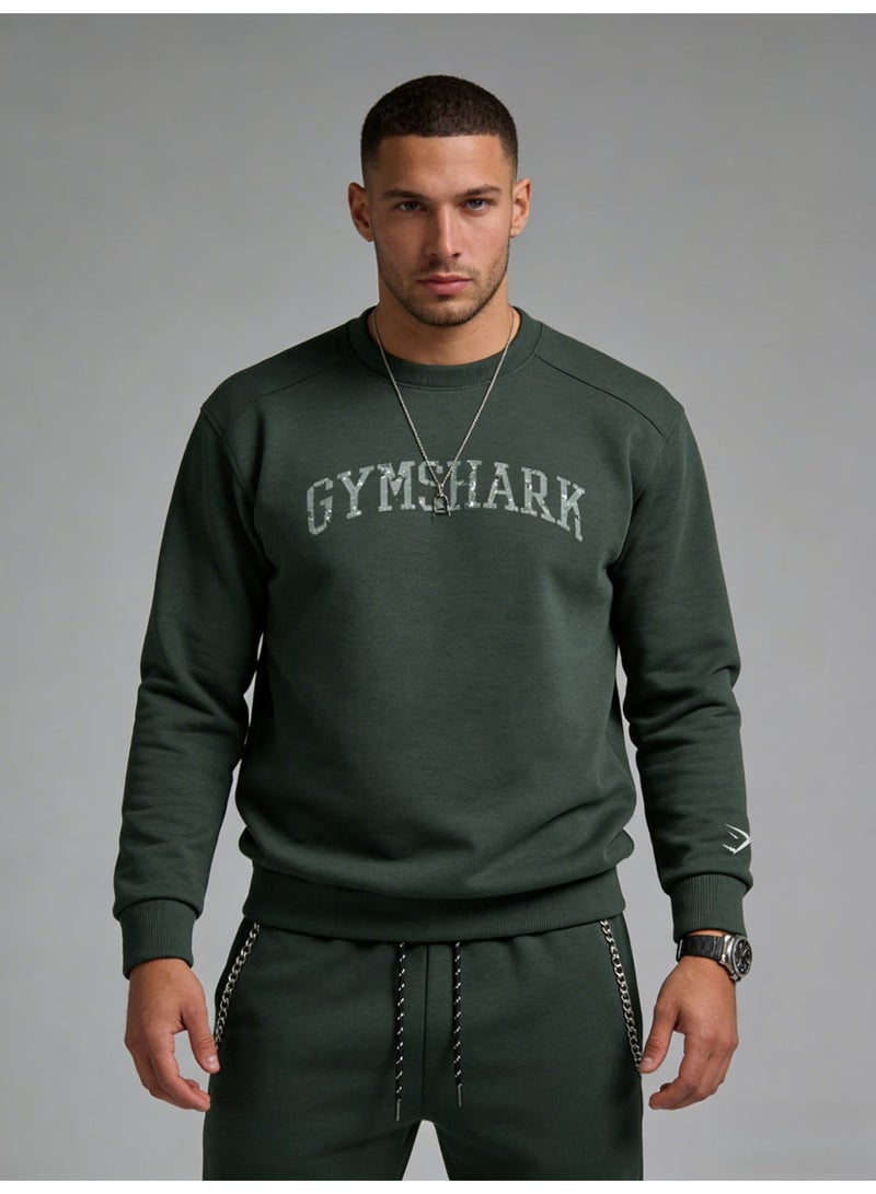 جيمشارك Gymshark unisex gray green round neck sweatshirt - retro logo pattern pullover, soft cotton blend, casual sports - Image 1