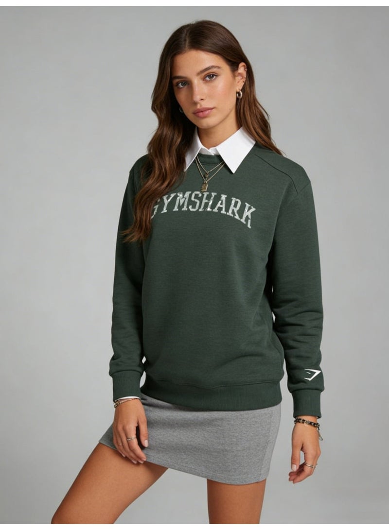 جيمشارك Gymshark unisex gray green round neck sweatshirt - retro logo pattern pullover, soft cotton blend, casual sports - Image 2
