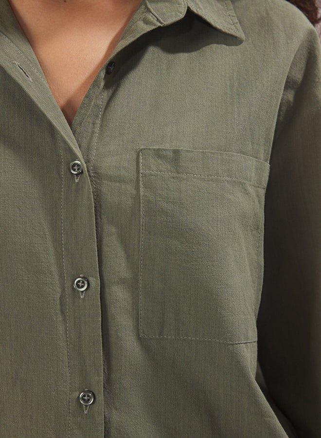 trendyol Khaki Cotton Blended Linen Look Oversize Wide Fit Woven Shirt - Image 3