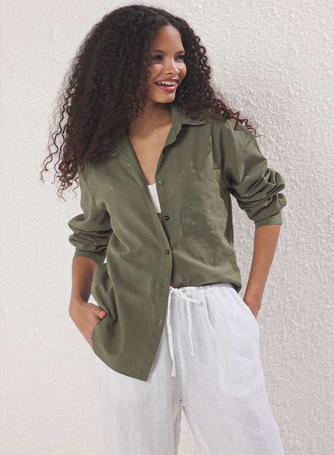 trendyol Khaki Cotton Blended Linen Look Oversize Wide Fit Woven Shirt - Image 1