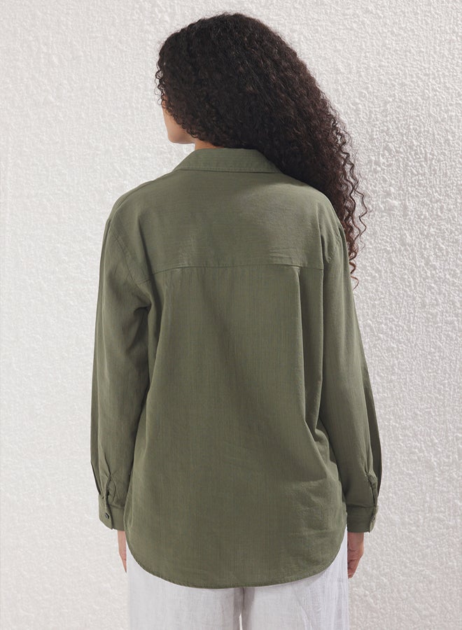 trendyol Khaki Cotton Blended Linen Look Oversize Wide Fit Woven Shirt - Image 4