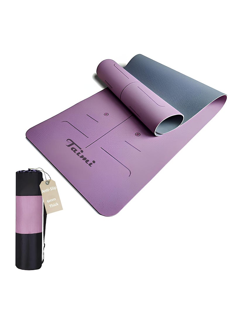 تايمي سجادة يوغا بمقاومة عالية لامتصاص الصدمات ودعم للركبة مصنوعه من مواد عالية الجودة - سجادة يوجا خفيفة الوزن بتصميم حديث انيق مع شنطة لسهولة الحمل - سجادة تدريب غير قابلة للانزلاق وخفيفة الوزن لليوجا والبيلاتس واللياقة البدنية والتمارين المنزلية - 183 × 61 سم - أرجواني/رمادي - Image 1
