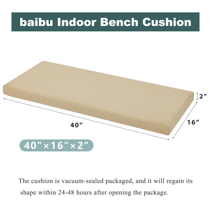 baibu 40 Inch Bench Cushion, Dual-Layer Design Memory Foam Indoor Bench Cushion, Non-Slip Standard Size Rectangle Seat Pad with Ties, 40x16x2Inch, Beige - Image 3