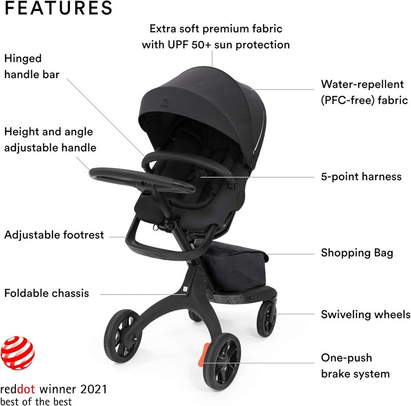 Stokke Xplory X, Rich Black - Luxury Stroller - Adjustable for Both Baby & Parents’ Comfort - Padding & Harness for Added Safety - Folds in One Step - Image 2