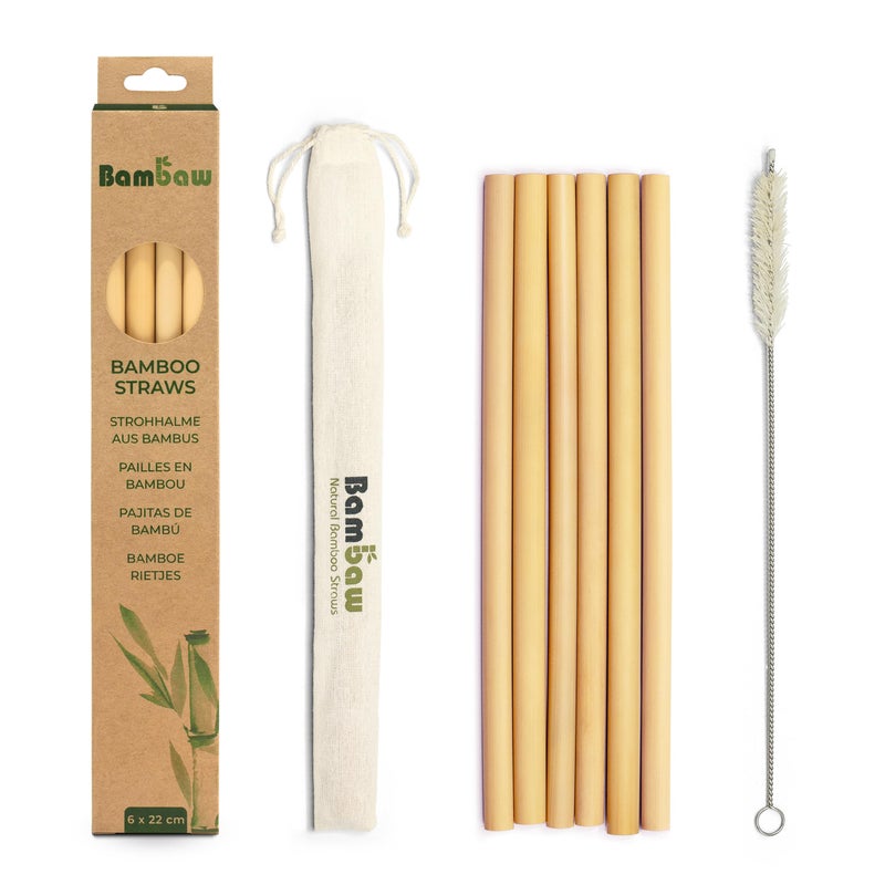 Bambaw Reusable Bamboo Straws - Eco Friendly with Straw Cleaner Brush & Pouch, Pack of 6 - 8.7'' - Image 1