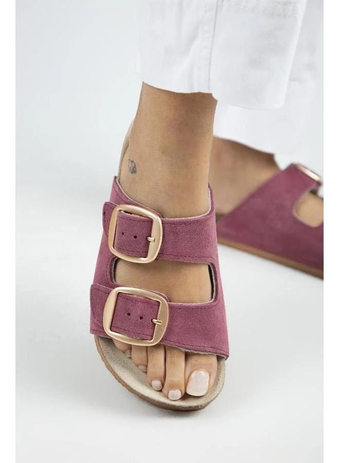 İrene Women's Genuine Leather Double Buckle Cherry Slippers.