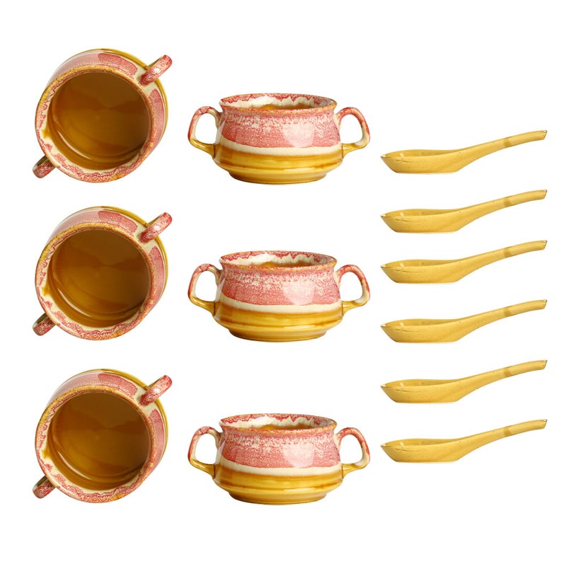 Caffeine Ceramic Handmade Pink and Brown Double Handle Soup Bowls with Spoon (Set of 6) - Image 1