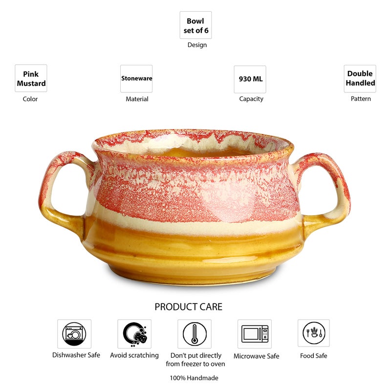 Caffeine Ceramic Handmade Pink and Brown Double Handle Soup Bowls with Spoon (Set of 6) - Image 3
