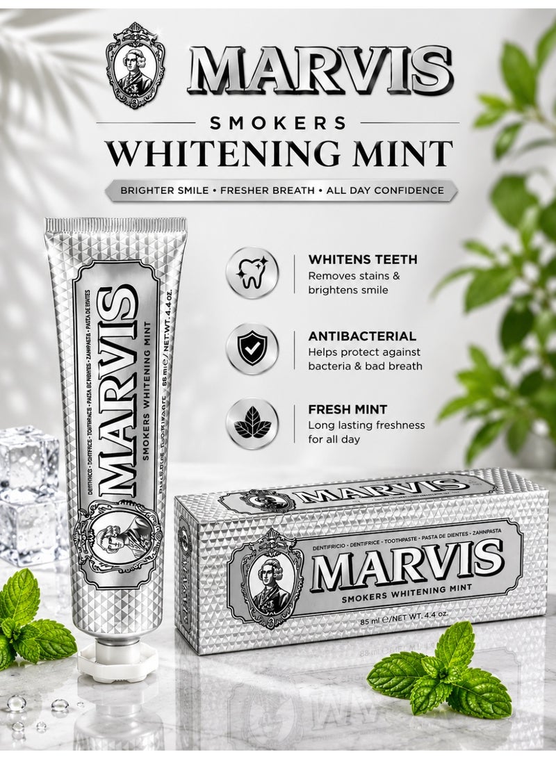 Marvis Smokers Whitening Toothpaste, Mint, 85ml, Promotes the Natural Whitening of the Teeth, Plaque Removal Toothpaste, Long-Lasting Freshness