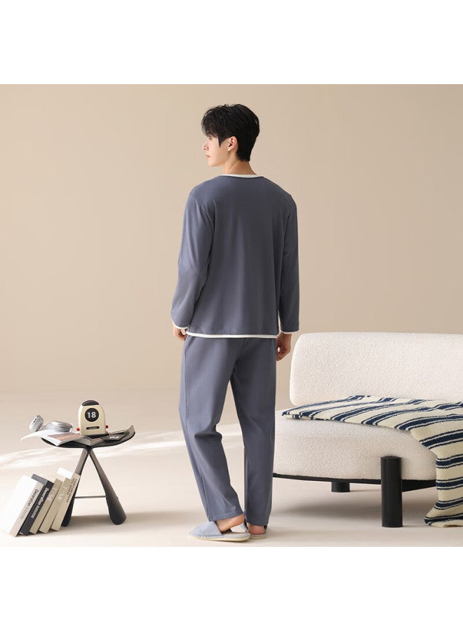 Fentengcare Men's Pajamas 100% Cotton Autumn New Fake Two-piece Casual Loose Long Sleeve Homewear Set - Image 2