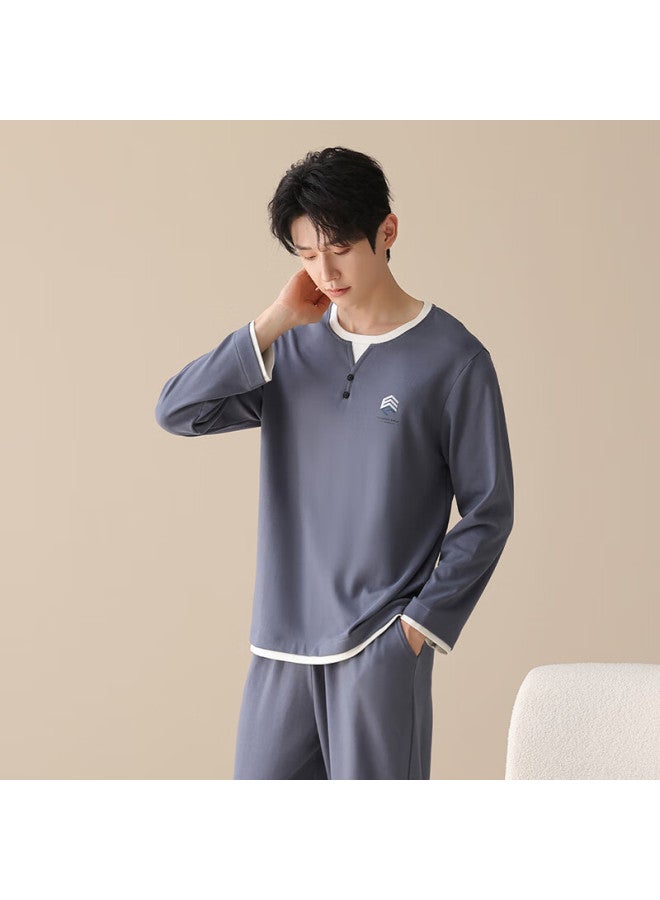 Fentengcare Men's Pajamas 100% Cotton Autumn New Fake Two-piece Casual Loose Long Sleeve Homewear Set - Image 1