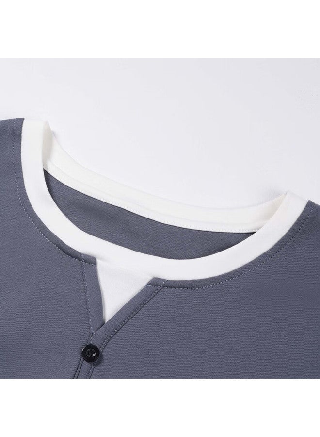 Fentengcare Men's Pajamas 100% Cotton Autumn New Fake Two-piece Casual Loose Long Sleeve Homewear Set - Image 4