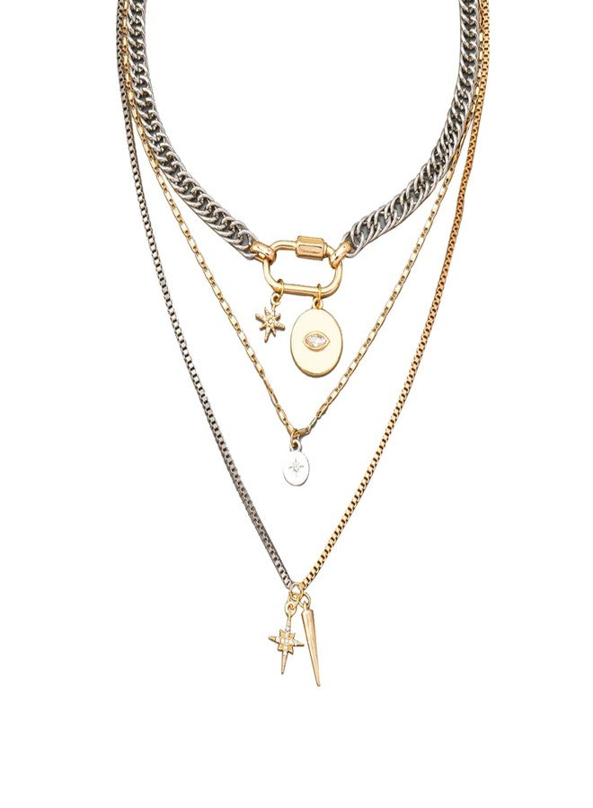 QCWN Gold Layered stacked Necklaces for women 3PS Chunky Statement Necklaces Stack Mixed Metal Charm Necklace for Women Trendy Coin Jewelry Gift for Her Gifts for Chrismas - Image 1