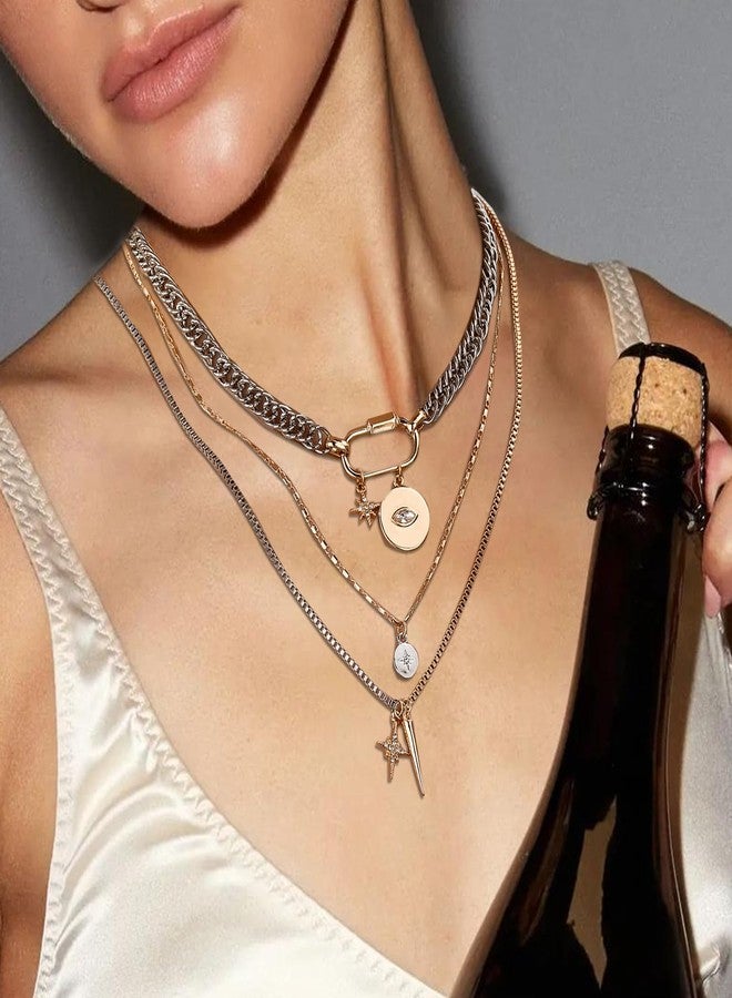 QCWN Gold Layered stacked Necklaces for women 3PS Chunky Statement Necklaces Stack Mixed Metal Charm Necklace for Women Trendy Coin Jewelry Gift for Her Gifts for Chrismas - Image 5