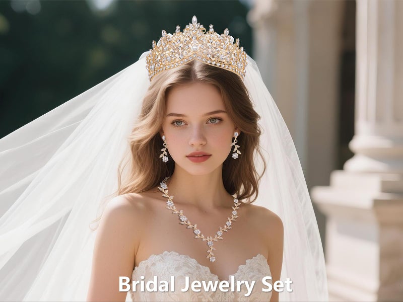 Kamirola Tiaras and Crowns for Women,3-pack Tiaras Earrings Necklace, Crystal Bridal Jewelry Set, Costume Party Halloween Prom Pageant Jewelry for Women (Gold White) - Image 3