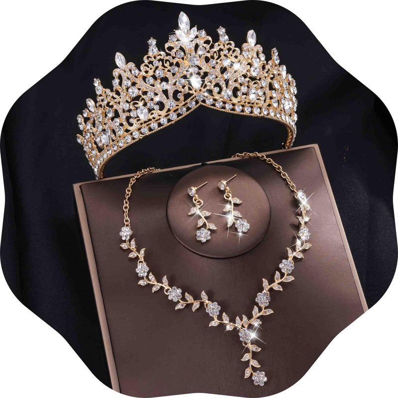 Kamirola Tiaras and Crowns for Women,3-pack Tiaras Earrings Necklace, Crystal Bridal Jewelry Set, Costume Party Halloween Prom Pageant Jewelry for Women (Gold White) - Image 1