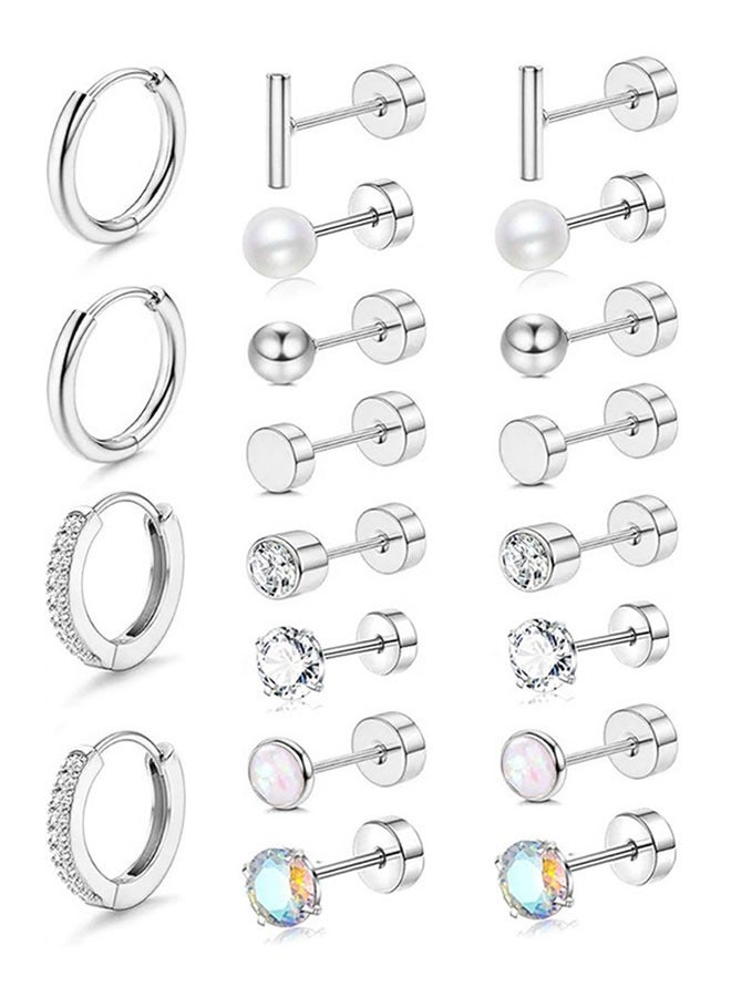 HAWAWA 10 Pairs Tiny Stud Earrings Hoop Earrings Set for Women, Stainless Steel Screwback Flatback Stud Earrings Tiny  Pearl Stud Earring Piercing Jewelry Silver  - Image 1