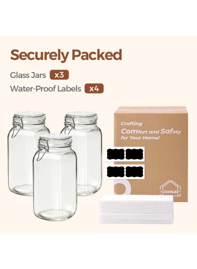 ComSaf Airtight Glass Canister Set of 3 with Lids 78oz Food Storage Jar Square - Storage Container with Clear Preserving Seal Wire Clip Fastening for Kitchen Canning Cereal,Pasta,Sugar,Beans,Spice - Image 1